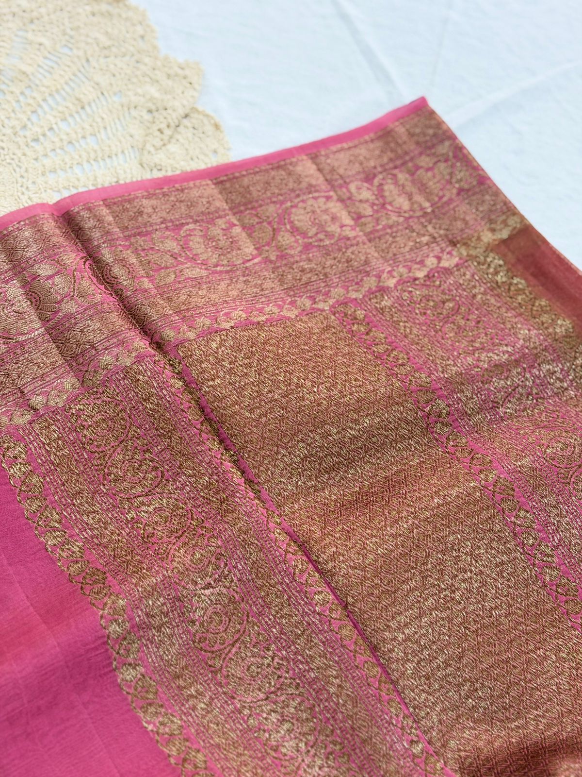PURE KORA BANARAS HANDLOOM SAREE - RUST PEACH COLOR