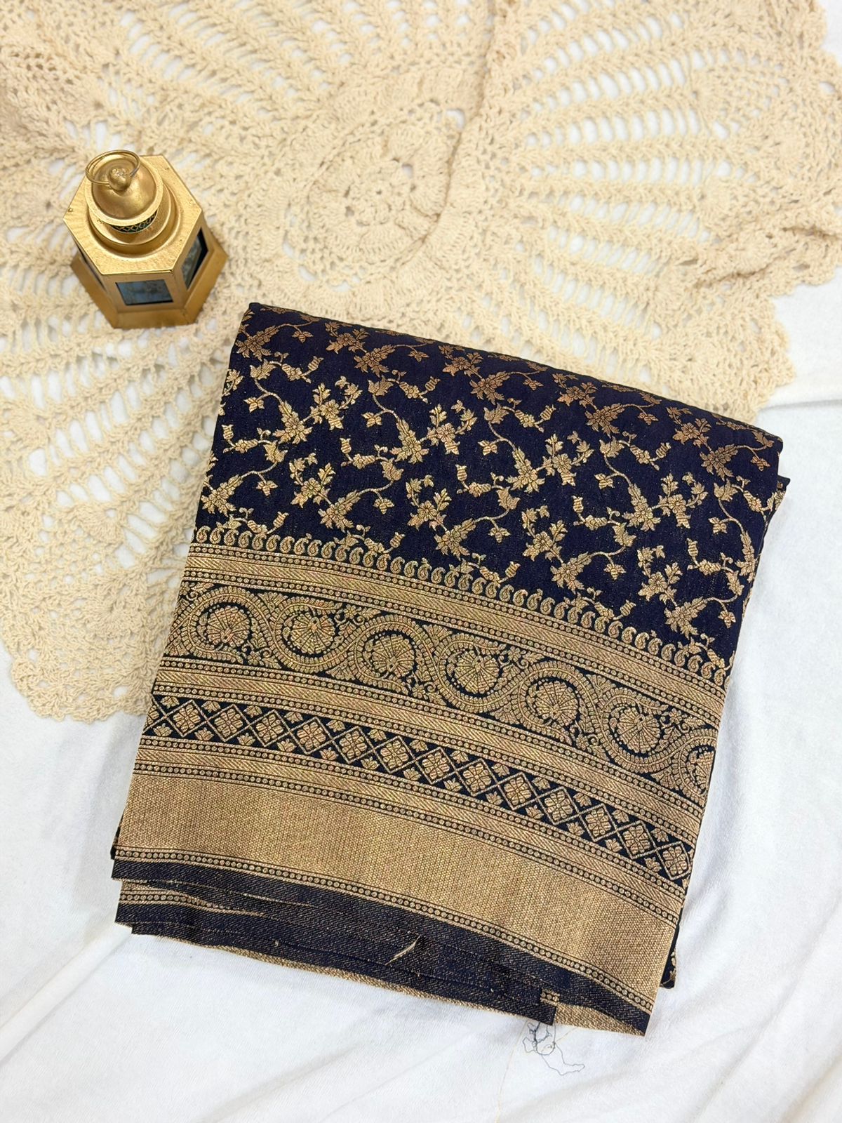 SEMI GEORGETTE BANARAS SAREE - DARK NAVY BLUE