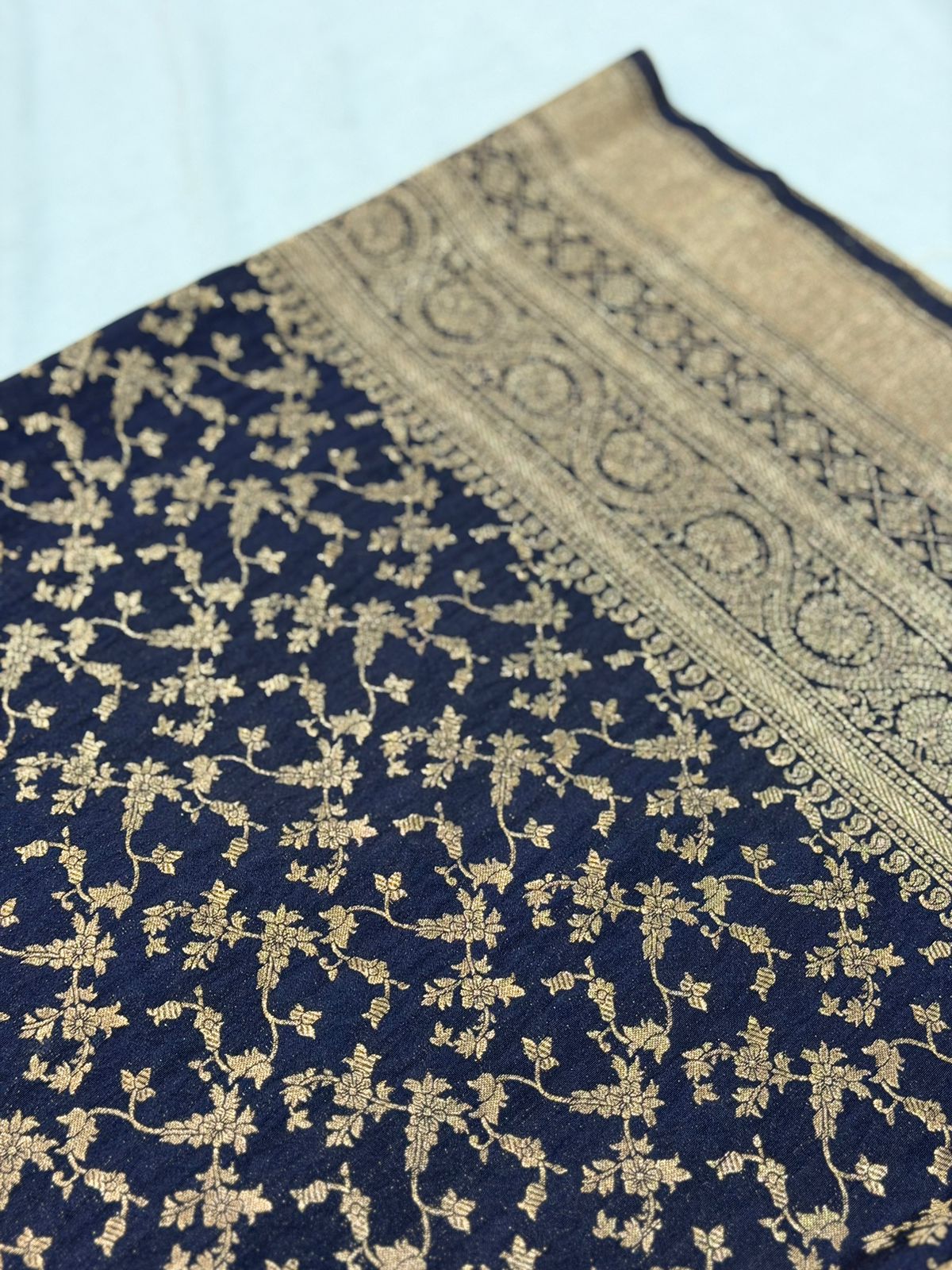 SEMI GEORGETTE BANARAS SAREE - DARK NAVY BLUE