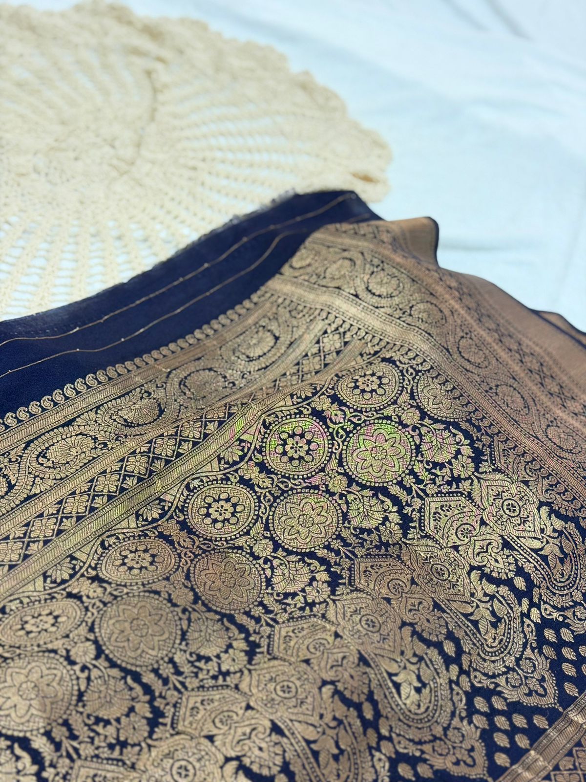 SEMI GEORGETTE BANARAS SAREE - DARK NAVY BLUE