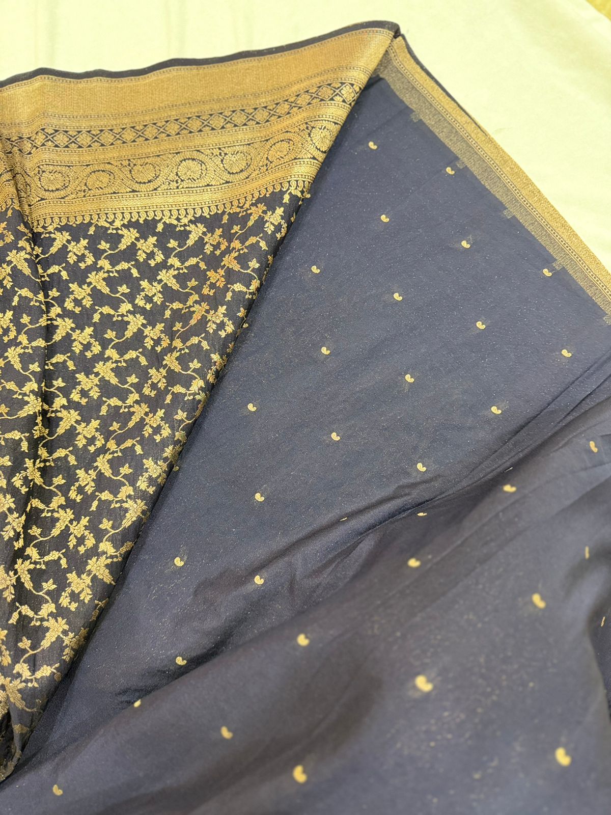 SEMI GEORGETTE BANARAS SAREE - DARK NAVY BLUE