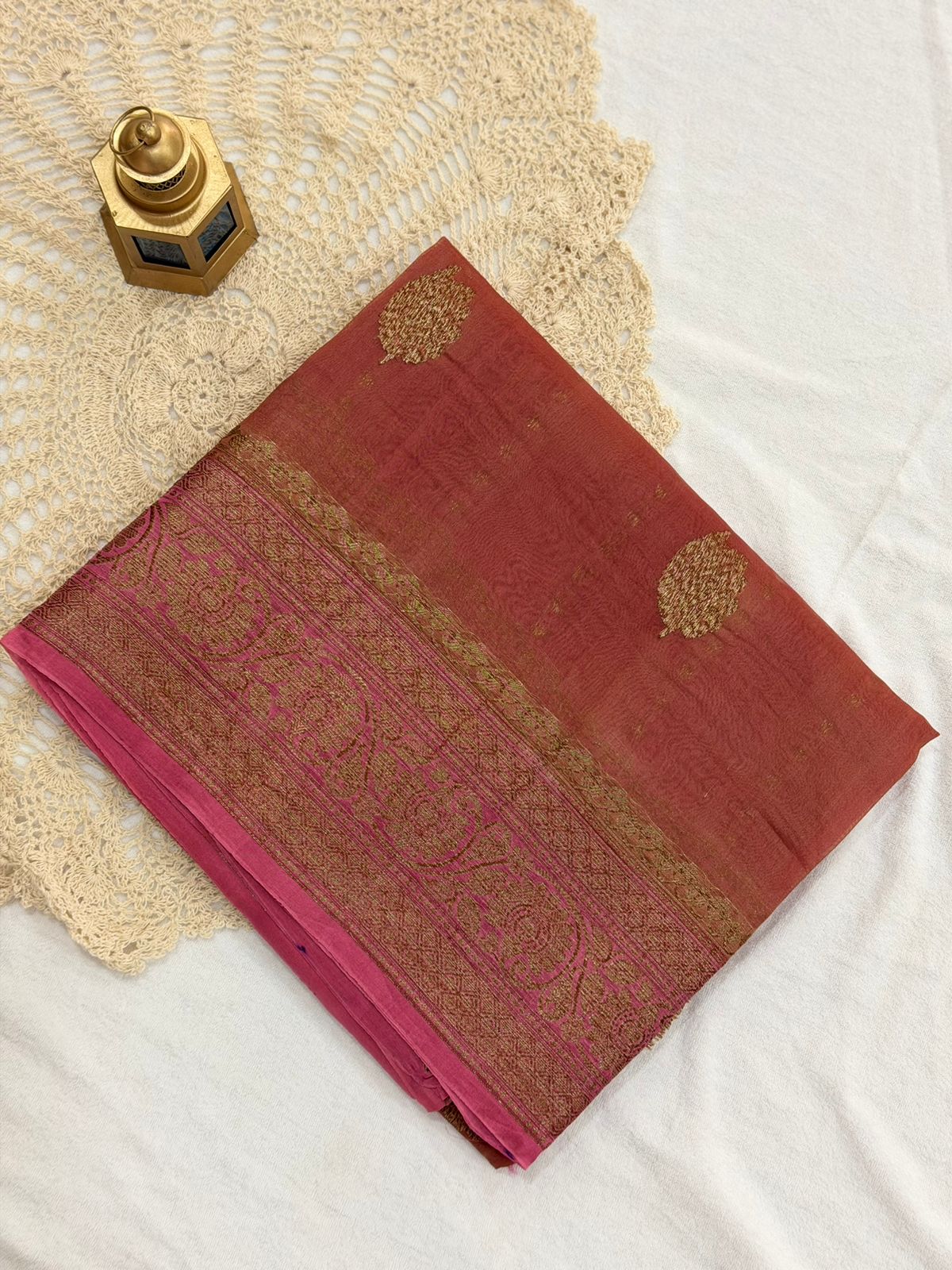PURE KORA BANARAS HANDLOOM SAREE - RUST PEACH COLOR