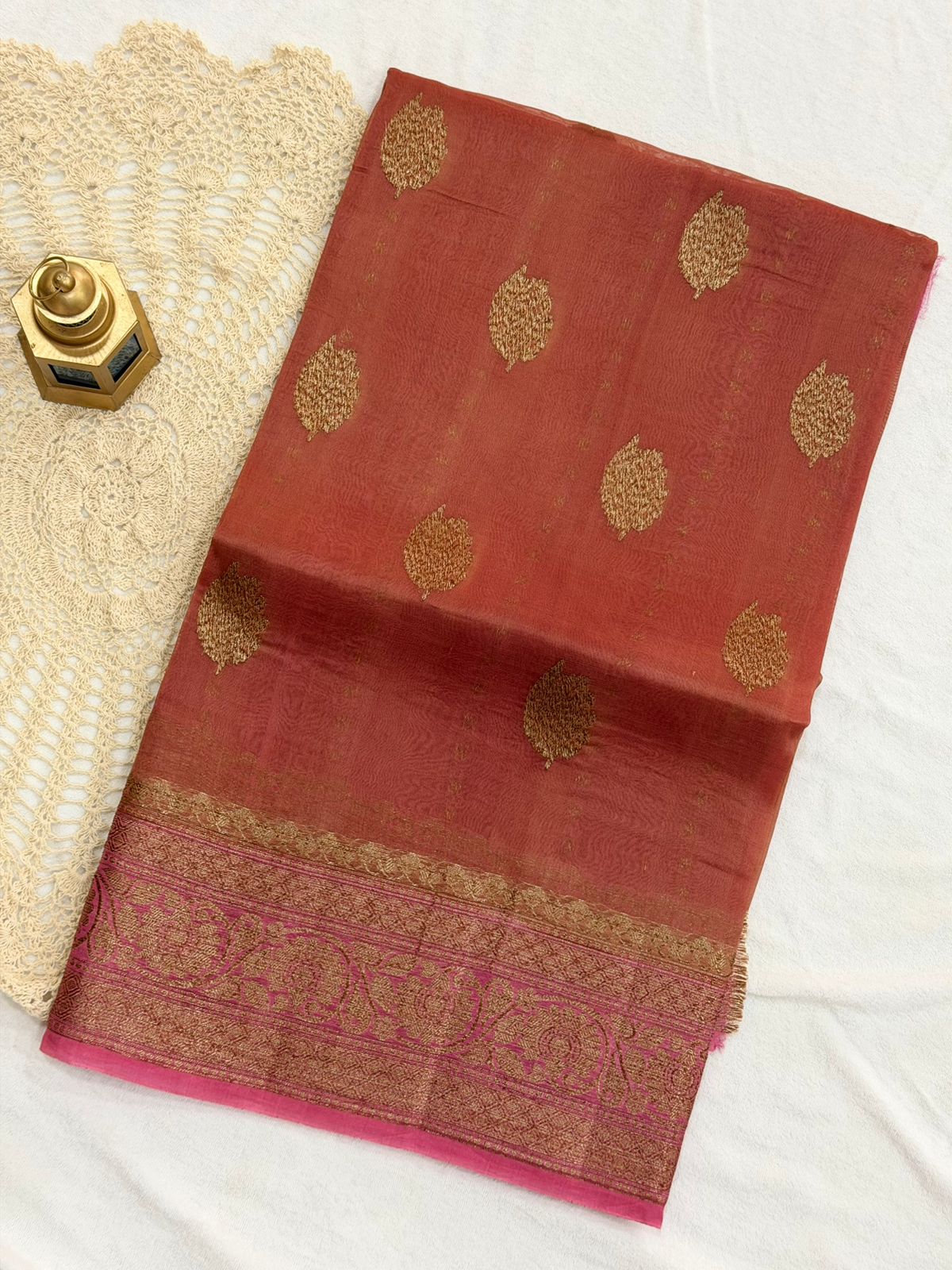 PURE KORA BANARAS HANDLOOM SAREE - RUST PEACH COLOR