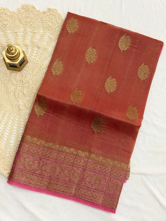 PURE KORA BANARAS HANDLOOM SAREE - RUST PEACH COLOR