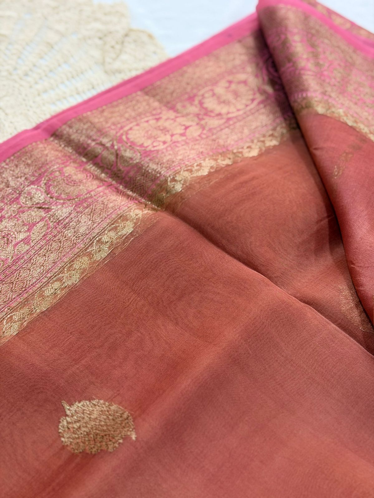 PURE KORA BANARAS HANDLOOM SAREE - RUST PEACH COLOR