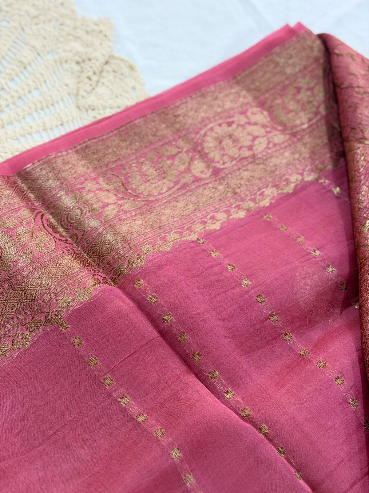 PURE KORA BANARAS HANDLOOM SAREE - RUST PEACH COLOR
