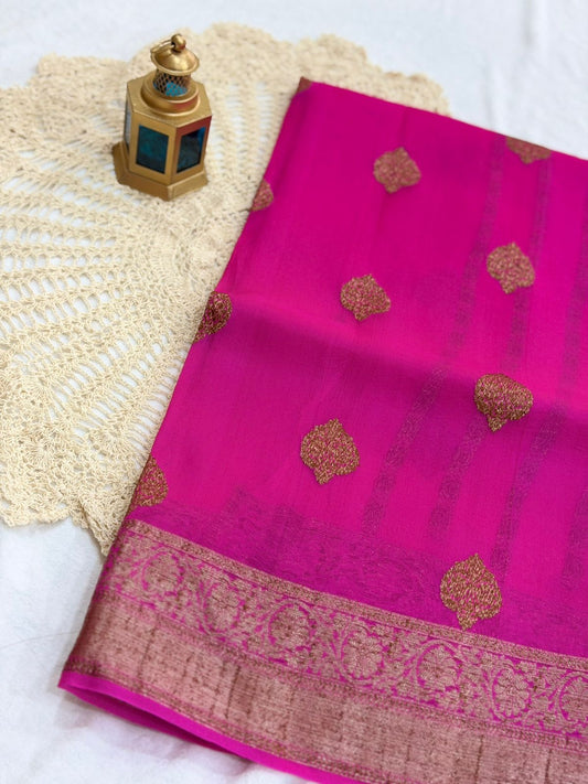 PURE KORA BANARAS HANDLOOM SAREE - PINK COLOR