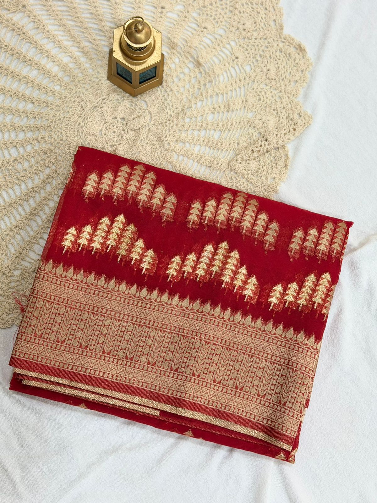 SEMI ORGANZA SAREE - RED