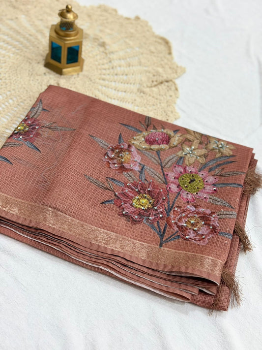 FLORAL KOTA SAREE - BROWN COLOR