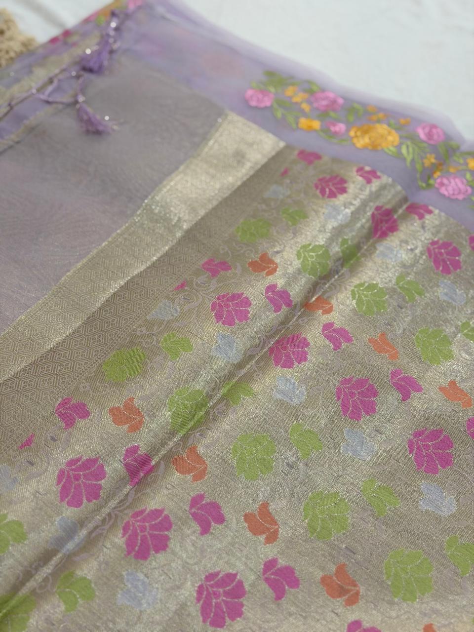 SEMI ORGANZA SAREE - LAVANEDER FLORAL