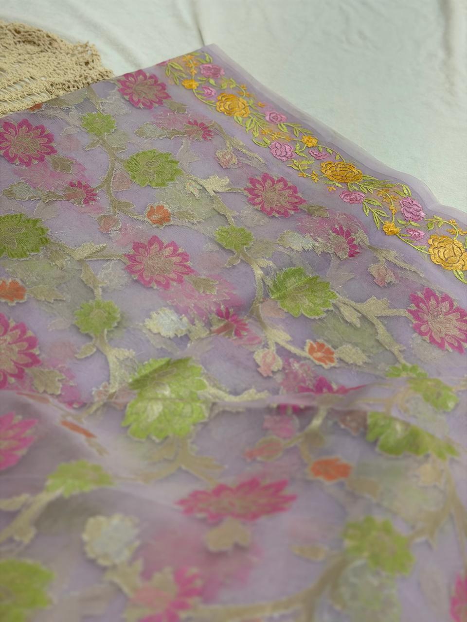 SEMI ORGANZA SAREE - LAVANEDER FLORAL