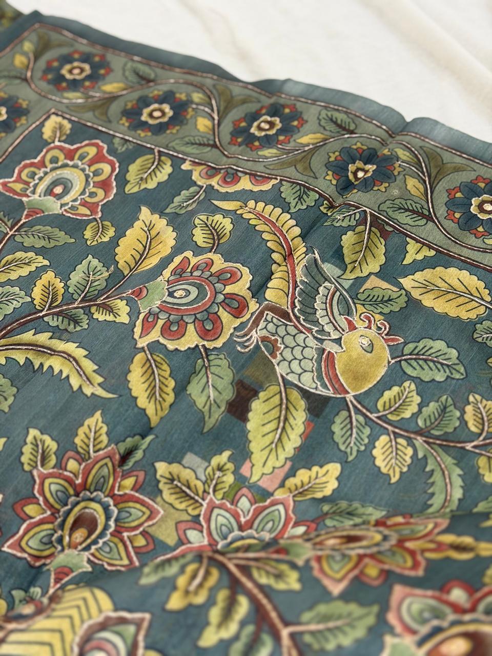 SEMI TUSSAR SAREE - SAGE GREEN FLORAL