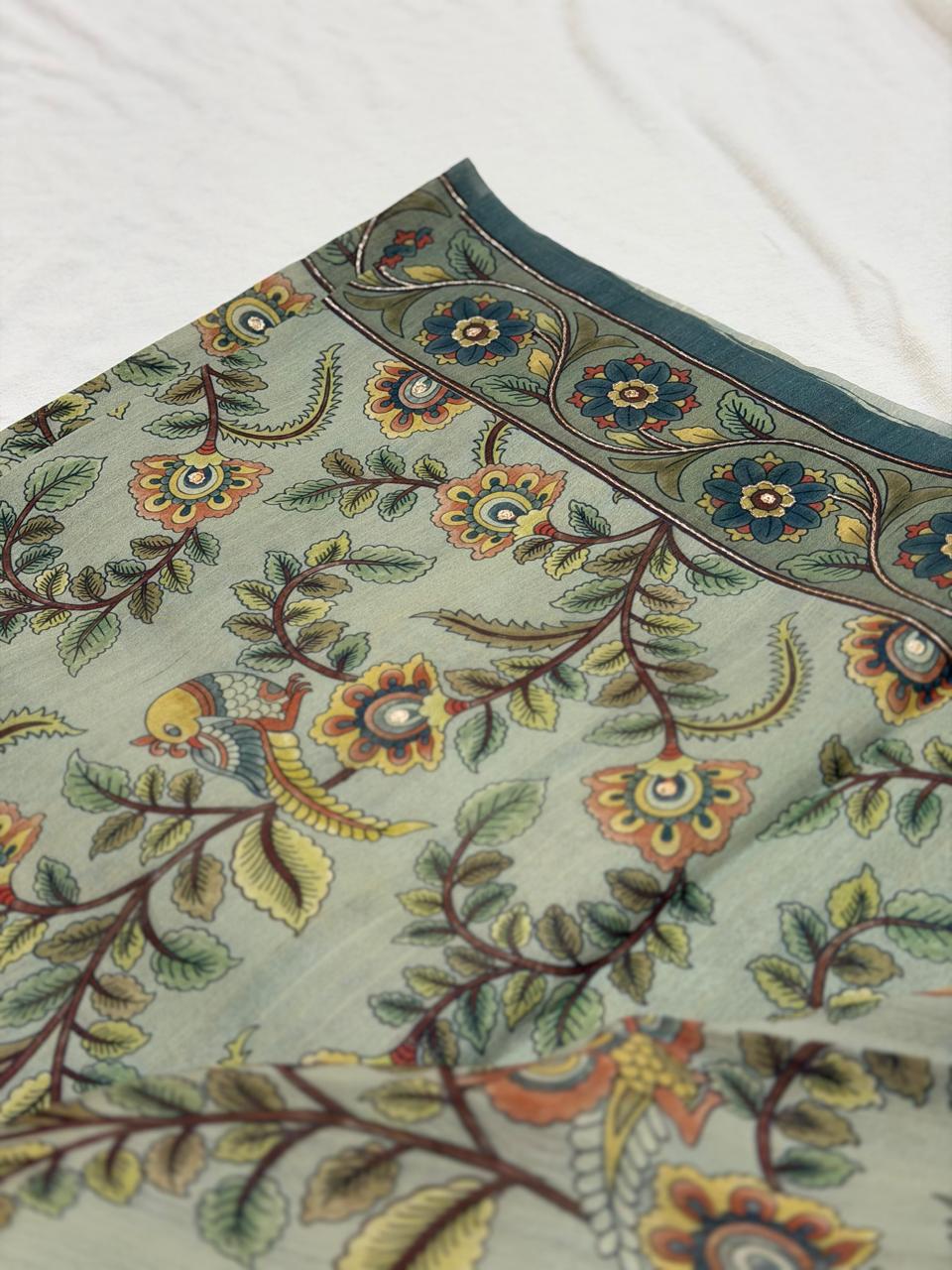 SEMI TUSSAR SAREE - SAGE GREEN FLORAL
