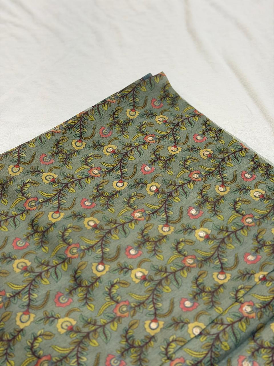 SEMI TUSSAR SAREE - SAGE GREEN FLORAL