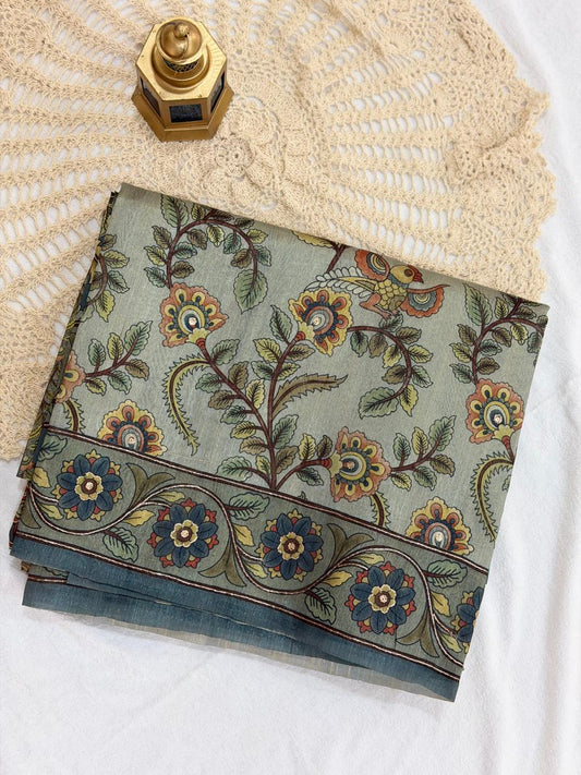 SEMI TUSSAR SAREE - SAGE GREEN FLORAL