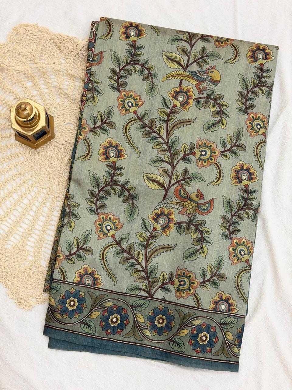 SEMI TUSSAR SAREE - SAGE GREEN FLORAL