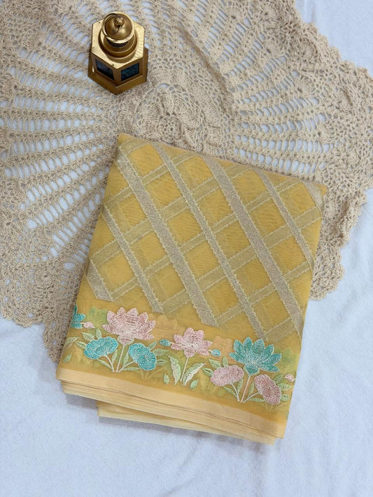 SEMI ORGANZA SAREE - YELLOW