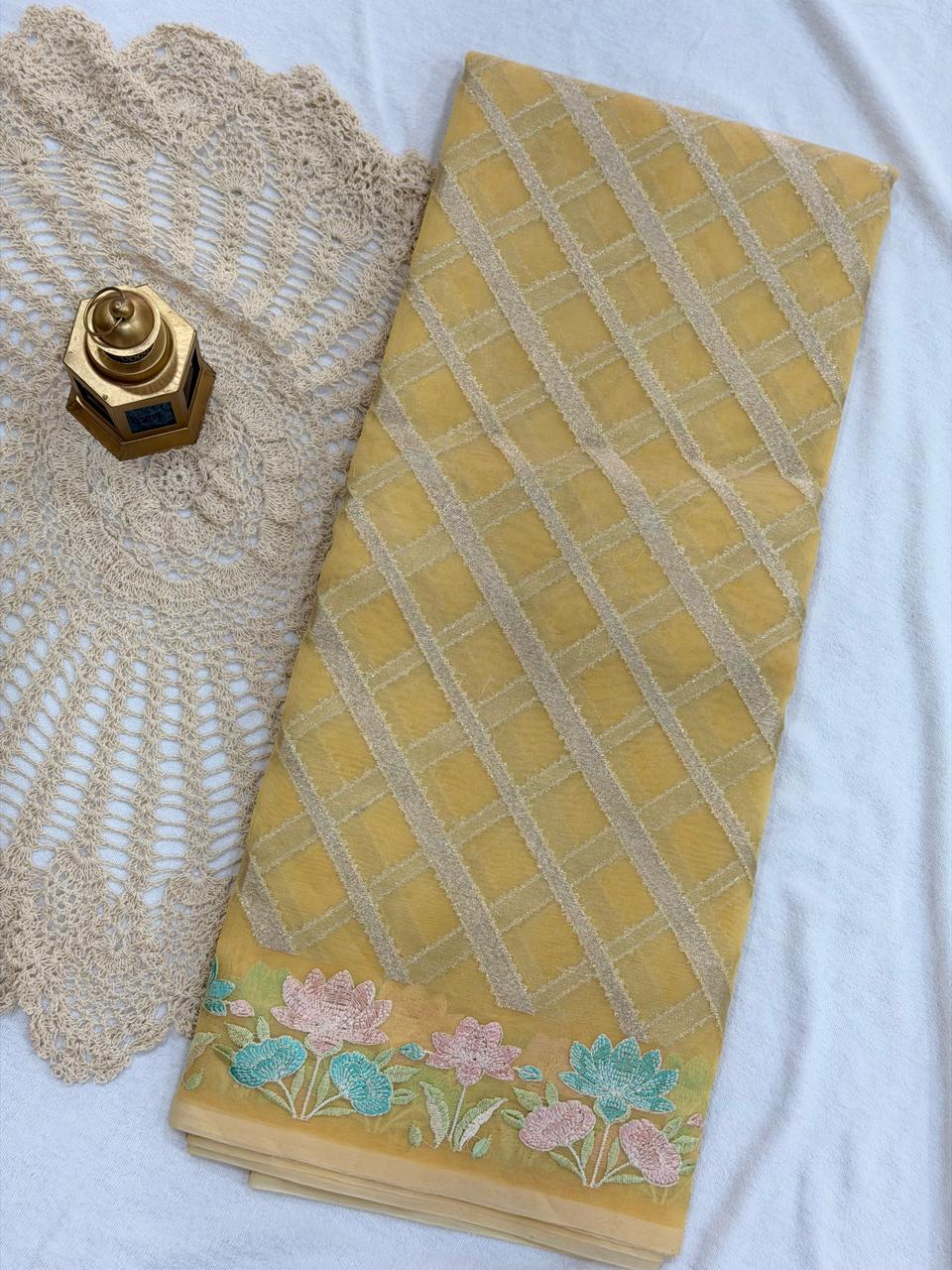 SEMI ORGANZA SAREE - YELLOW