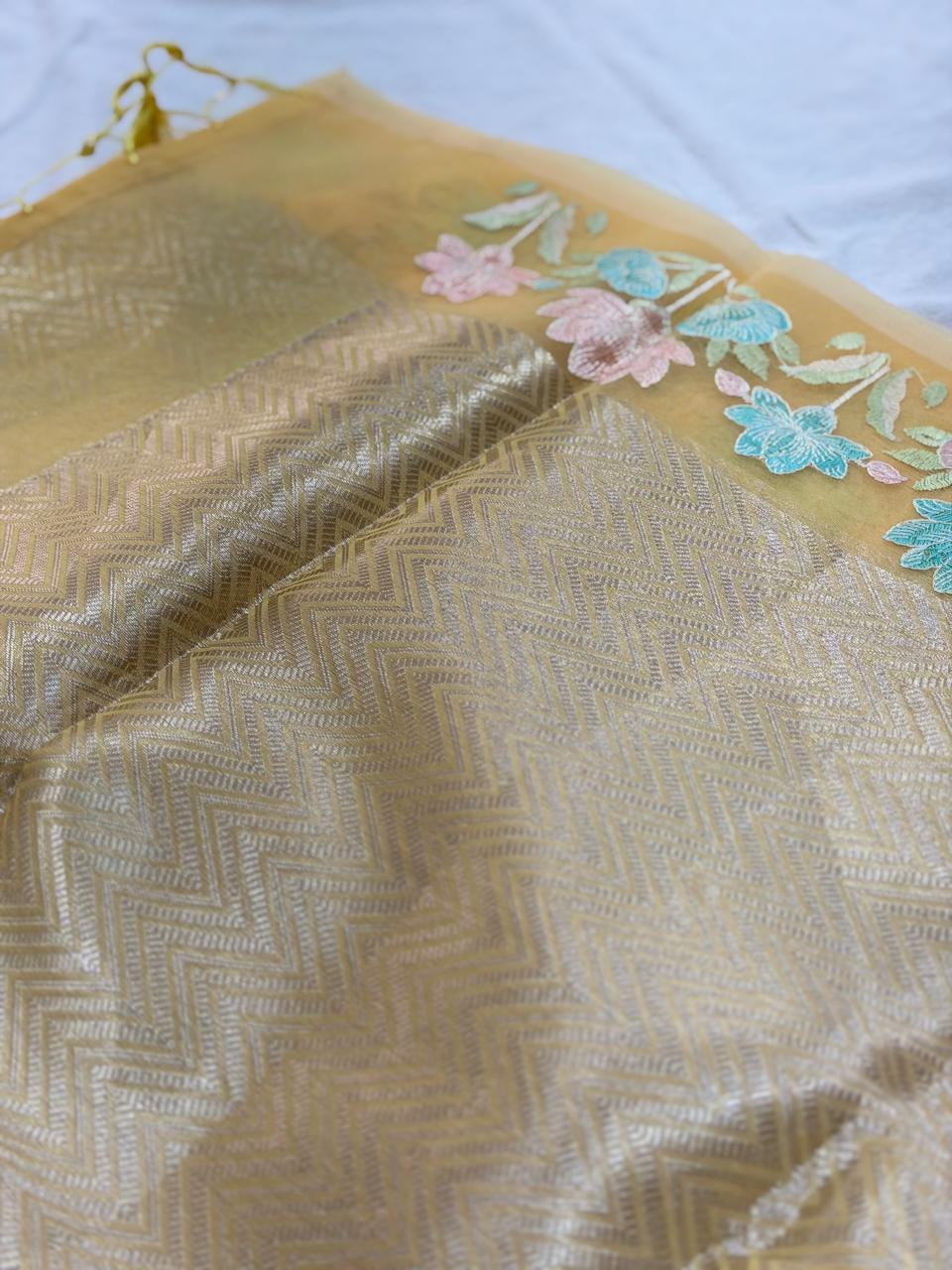 SEMI ORGANZA SAREE - YELLOW