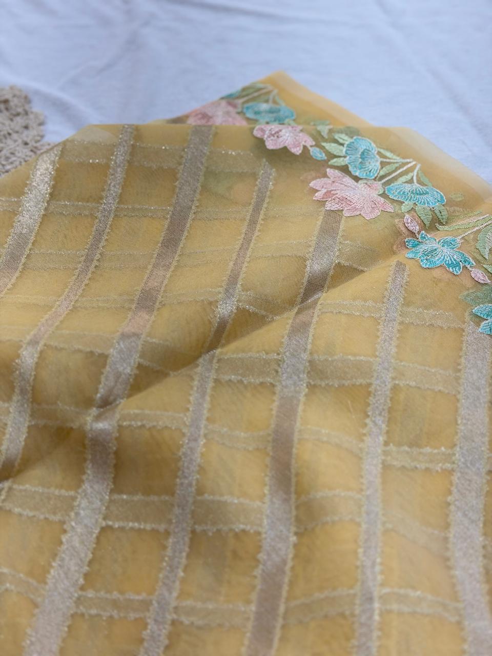 SEMI ORGANZA SAREE - YELLOW