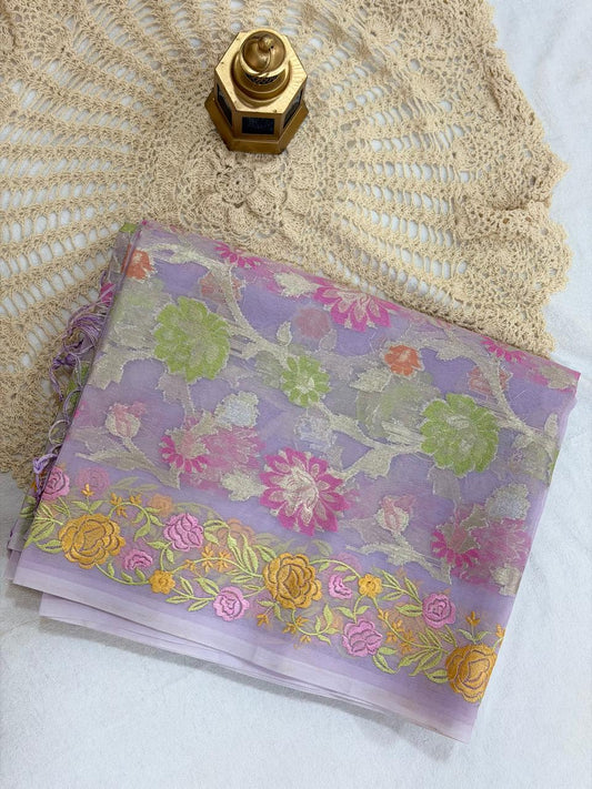SEMI ORGANZA SAREE - LAVANEDER FLORAL
