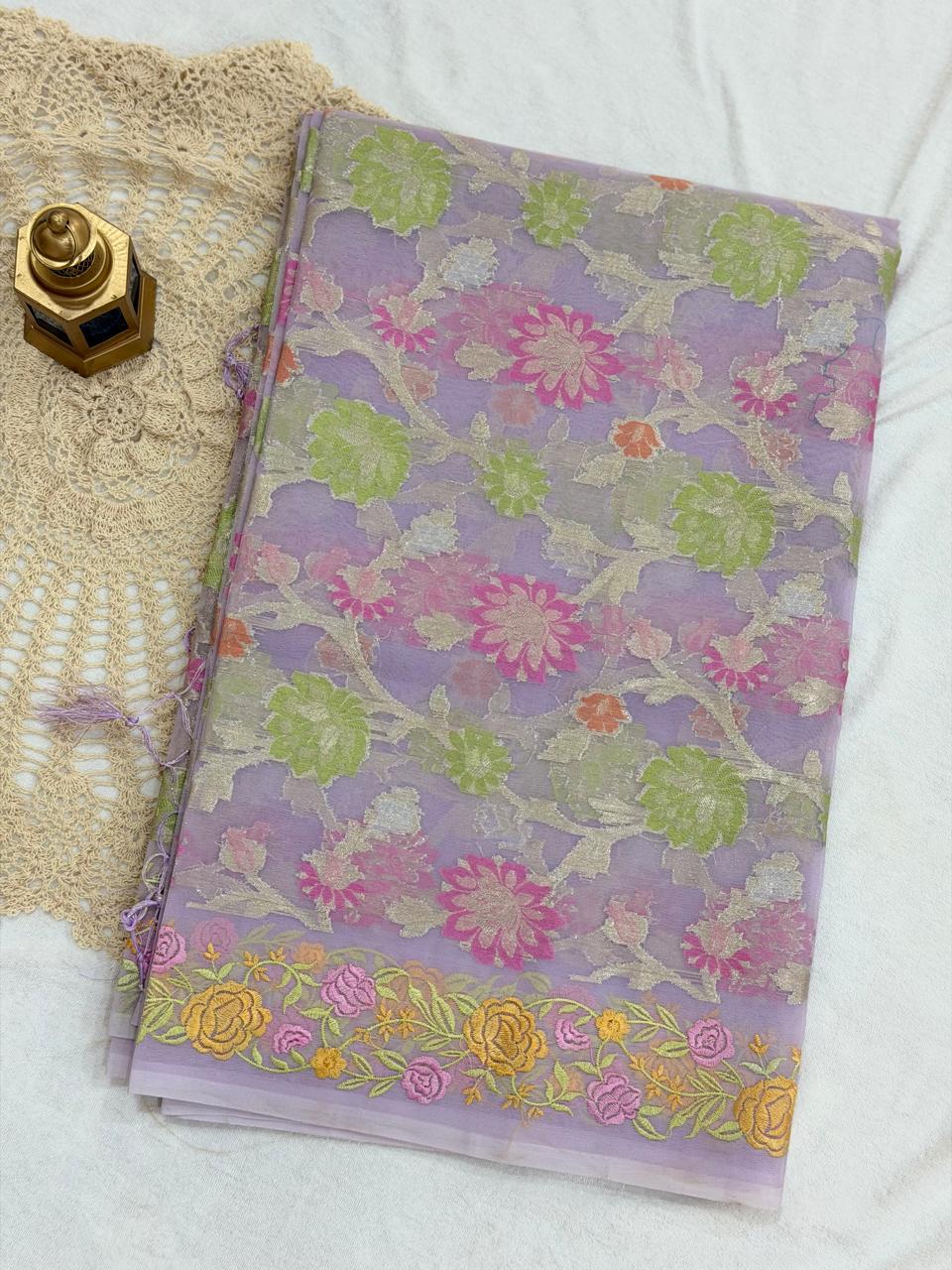 SEMI ORGANZA SAREE - LAVANEDER FLORAL