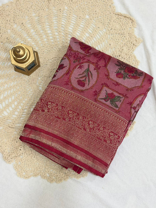 DIGITAL WEAVING SOFT SEMI SILK SAREE - RED FLORAL